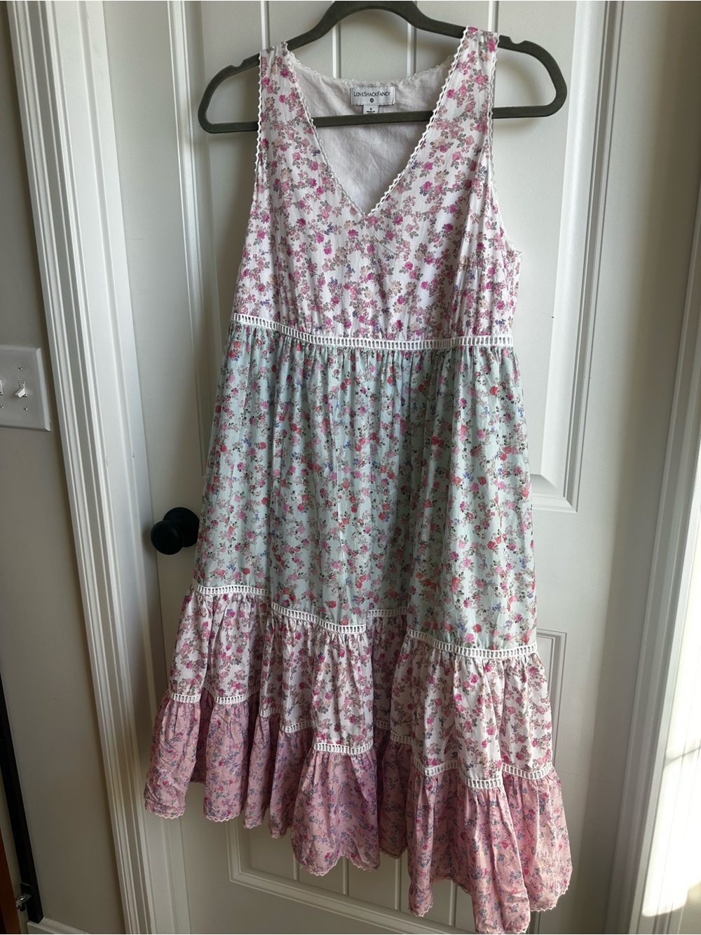 LoveShackFancy Pink and Mint Floral Tiered Cotton Midi Dress